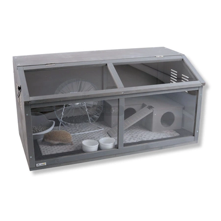 Szare terrarium dla jeży, tenreków i małych zwierząt z elementami wyposażenia