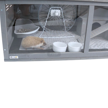 Szare terrarium dla jeży, tenreków i małych zwierząt z elementami wyposażenia