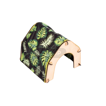 Namiot z tekstylnym pokrowcem w liście na czarnym tle dla małych zwierząt domowych