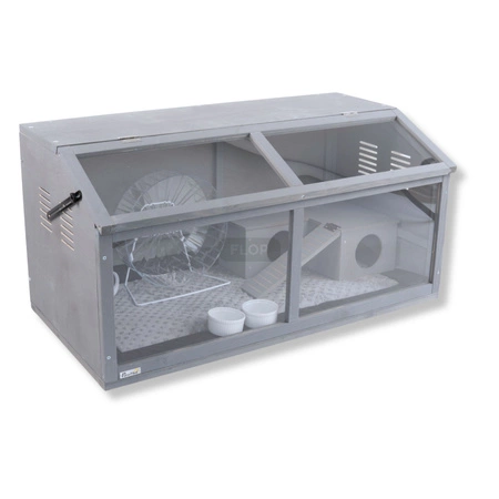 Szare terrarium dla jeży, tenreków i małych zwierząt z elementami wyposażenia