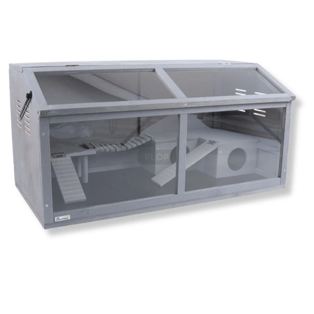 Szare terrarium dla jeży, tenreków i małych zwierząt z elementami wyposażenia