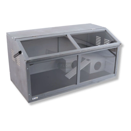 Szare terrarium dla jeży, tenreków i małych zwierząt z elementami wyposażenia