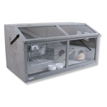 Szare terrarium dla jeży, tenreków i małych zwierząt z elementami wyposażenia