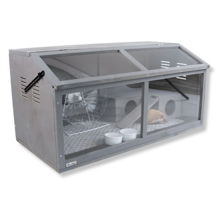 Szare terrarium dla jeży, tenreków i małych zwierząt z elementami wyposażenia