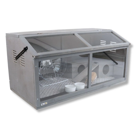 Szare terrarium dla jeży, tenreków i małych zwierząt z elementami wyposażenia