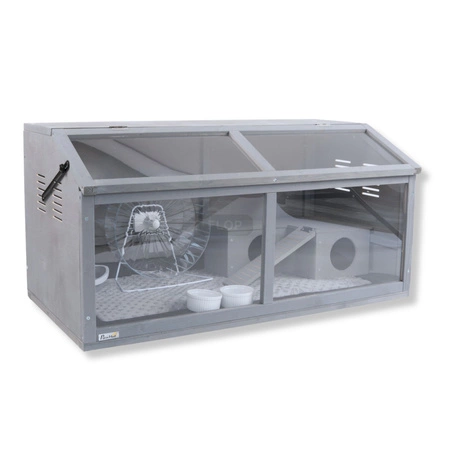 Szare terrarium dla jeży, tenreków i małych zwierząt z elementami wyposażenia