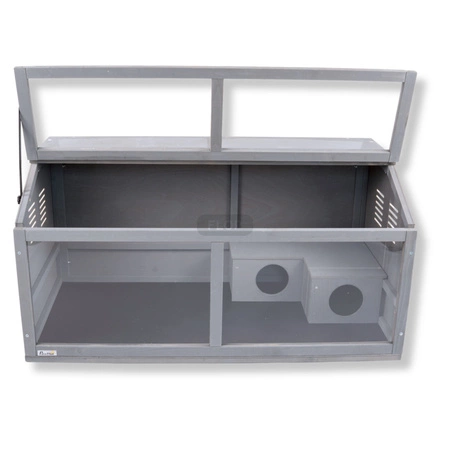 Szare terrarium dla jeży, tenreków i małych zwierząt z elementami wyposażenia