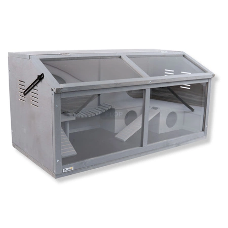 Szare terrarium dla jeży, tenreków i małych zwierząt z elementami wyposażenia