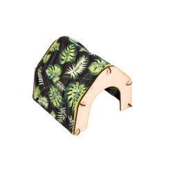 Namiot z tekstylnym pokrowcem w liście na czarnym tle dla małych zwierząt domowych