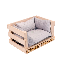 Ażurowe legowisko z wodoodporną poduchą z szarego polaru minki i mini podusiami dla jeża