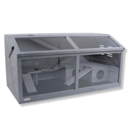 Szare terrarium dla jeży, tenreków i małych zwierząt z elementami wyposażenia