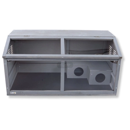 Szare terrarium dla jeży, tenreków i małych zwierząt z elementami wyposażenia