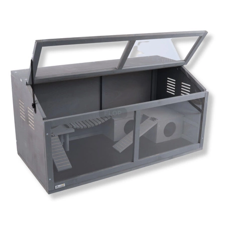 Szare terrarium dla jeży, tenreków i małych zwierząt z elementami wyposażenia