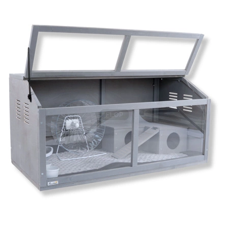 Szare terrarium dla jeży, tenreków i małych zwierząt z elementami wyposażenia