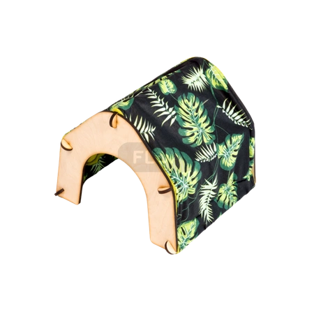 Namiot z tekstylnym pokrowcem w liście na czarnym tle dla małych zwierząt domowych