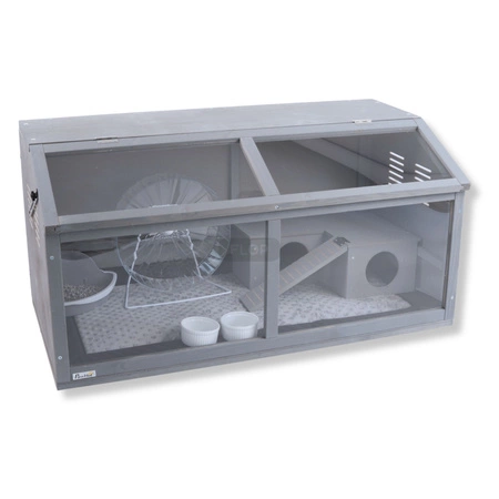 Szare terrarium dla jeży, tenreków i małych zwierząt z elementami wyposażenia