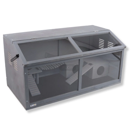 Szare terrarium dla jeży, tenreków i małych zwierząt z elementami wyposażenia