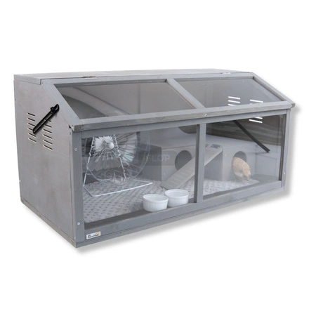 Szare terrarium dla jeży, tenreków i małych zwierząt z elementami wyposażenia