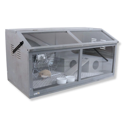 Szare terrarium dla jeży, tenreków i małych zwierząt z elementami wyposażenia